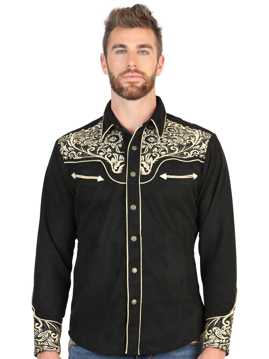 El General Men’s Suede Embroidered Snap Button Western Shirt - Black/Gold 45654 — view 2
