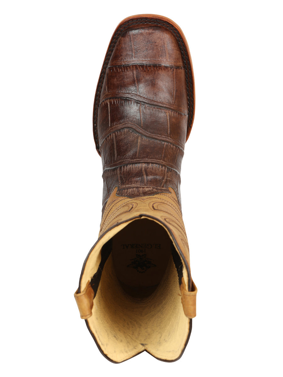 El General Men’s Leather Cowboy Boots - Made in Mexico - Embossed Alligator Crocodile Print - Brown 45765 — view 9