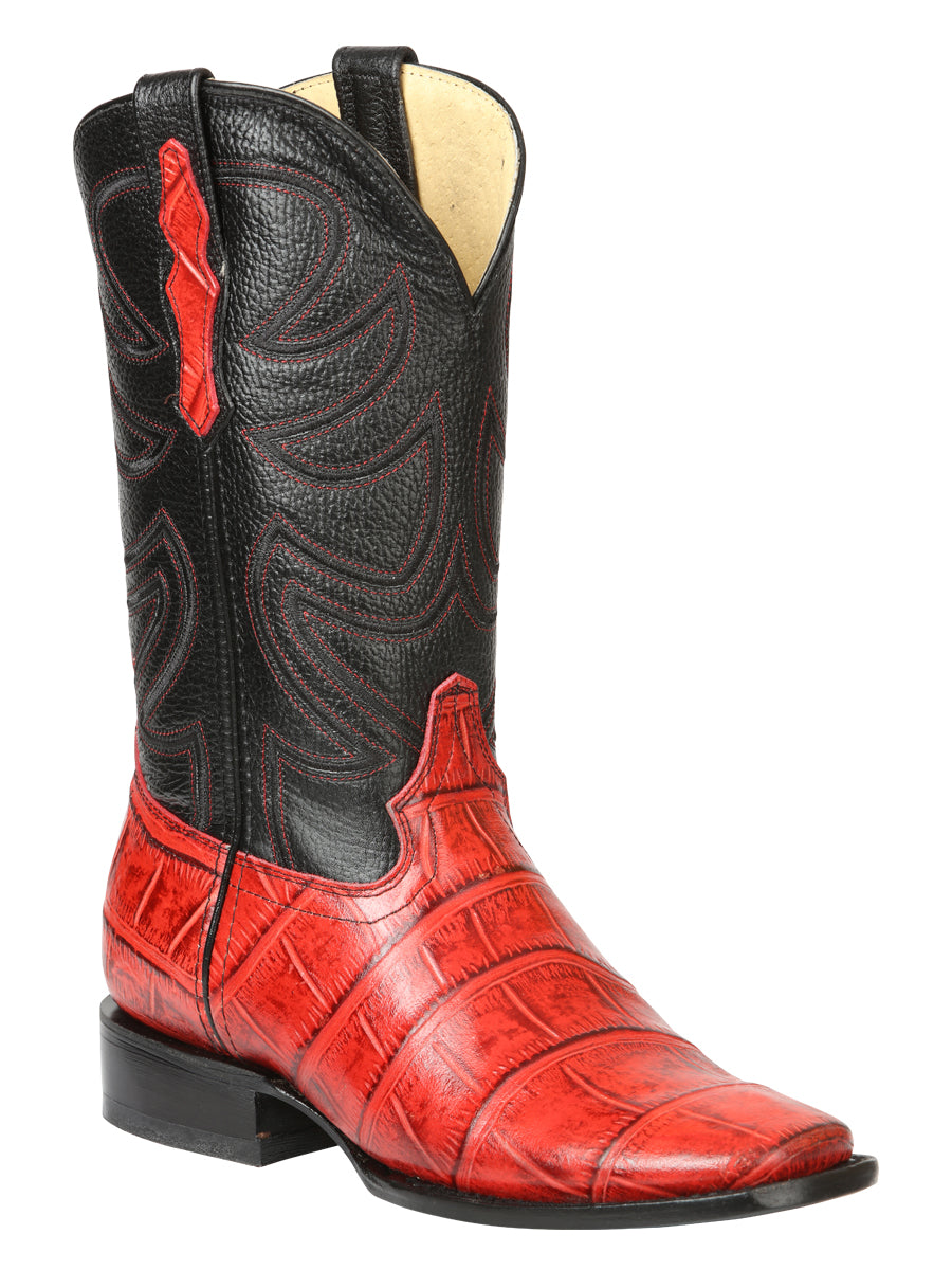 El General Men’s Leather Cowboy Boots - Made in Mexico - Embossed Alligator Crocodile Print - Red 45766 — view 2