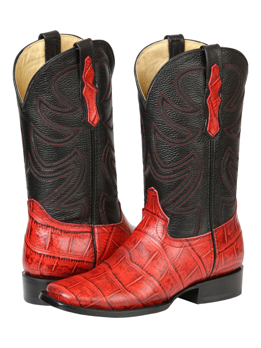 El General Men’s Leather Cowboy Boots - Made in Mexico - Embossed Alligator Crocodile Print - Red 45766 — view 3