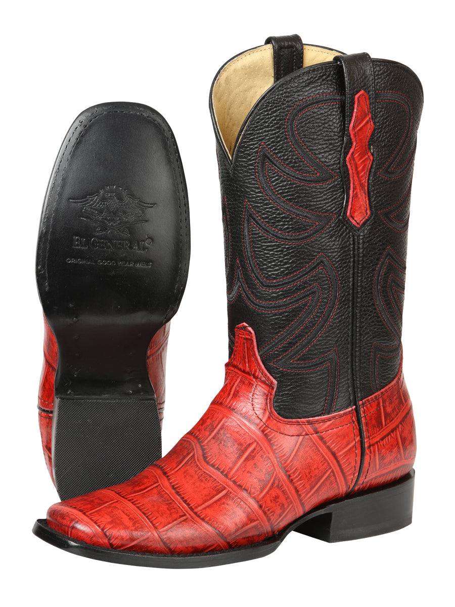 El General Men’s Leather Cowboy Boots - Made in Mexico - Embossed Alligator Crocodile Print - Red 45766 — view 4