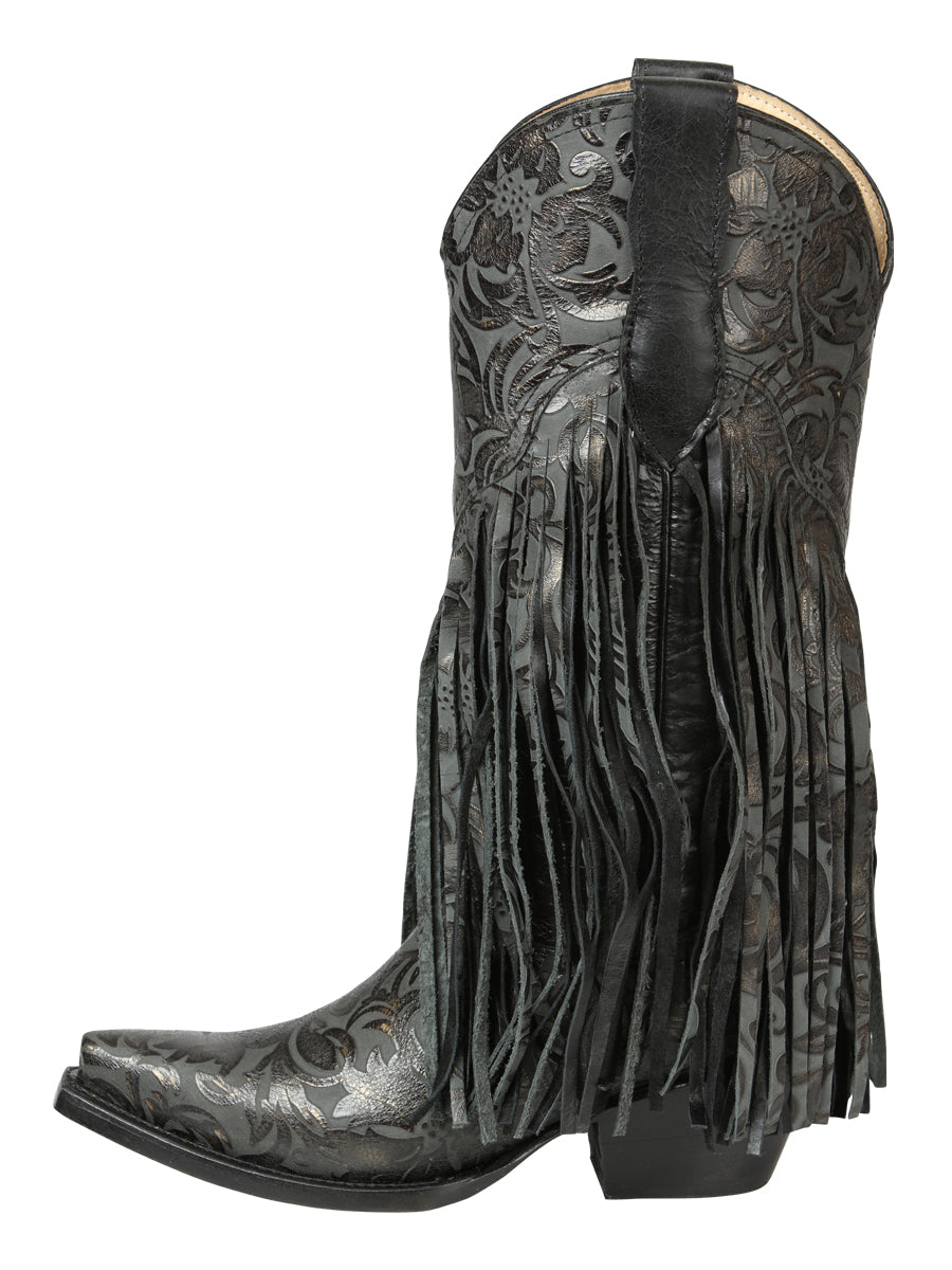 El General Women’s Floral Embossed Fringe Western Boots - Black 45796 — view 2