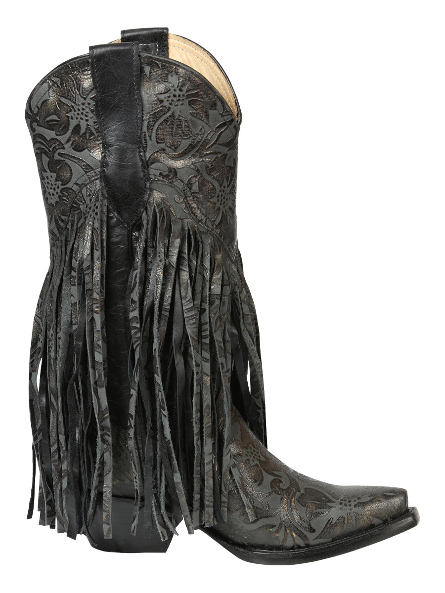 El General Women’s Floral Embossed Fringe Western Boots - Black 45796 — view 3