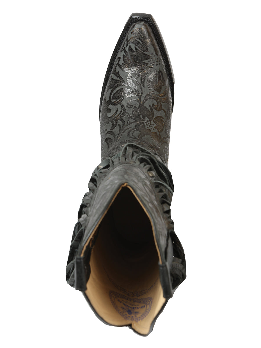 El General Women’s Floral Embossed Fringe Western Boots - Black 45796 — view 6