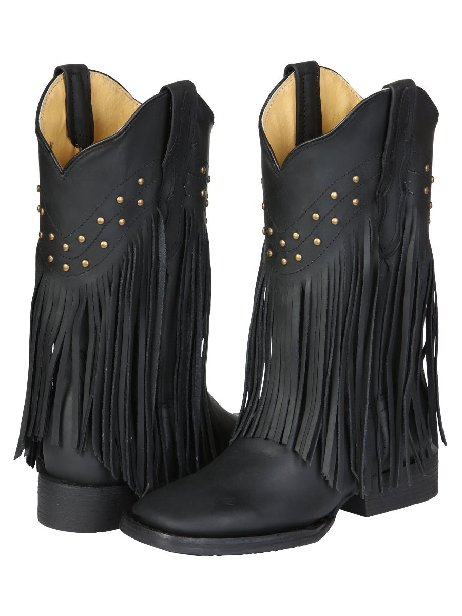 El General Women’s Leather Fringe Western Boots - Made in Mexico - Black 45798 — view 4