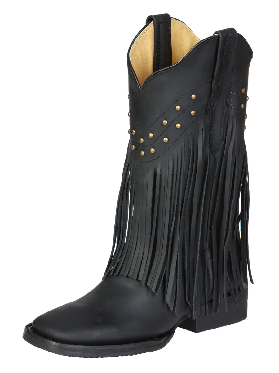 El General Women’s Leather Fringe Western Boots - Made in Mexico - Black 45798