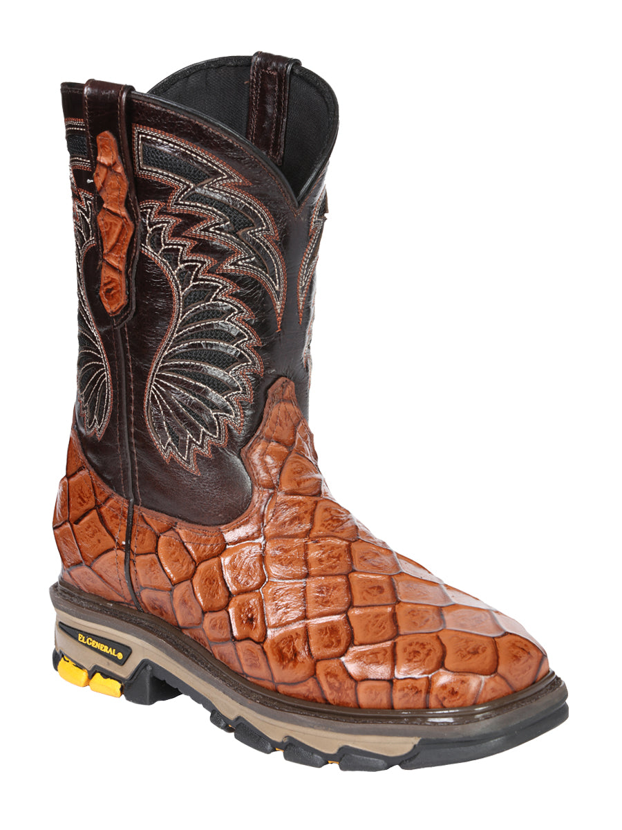 El General Men's Leather Work Boots - Made In Mexico - Embossed Monster Fish Print - Cognac 45808 — view 2