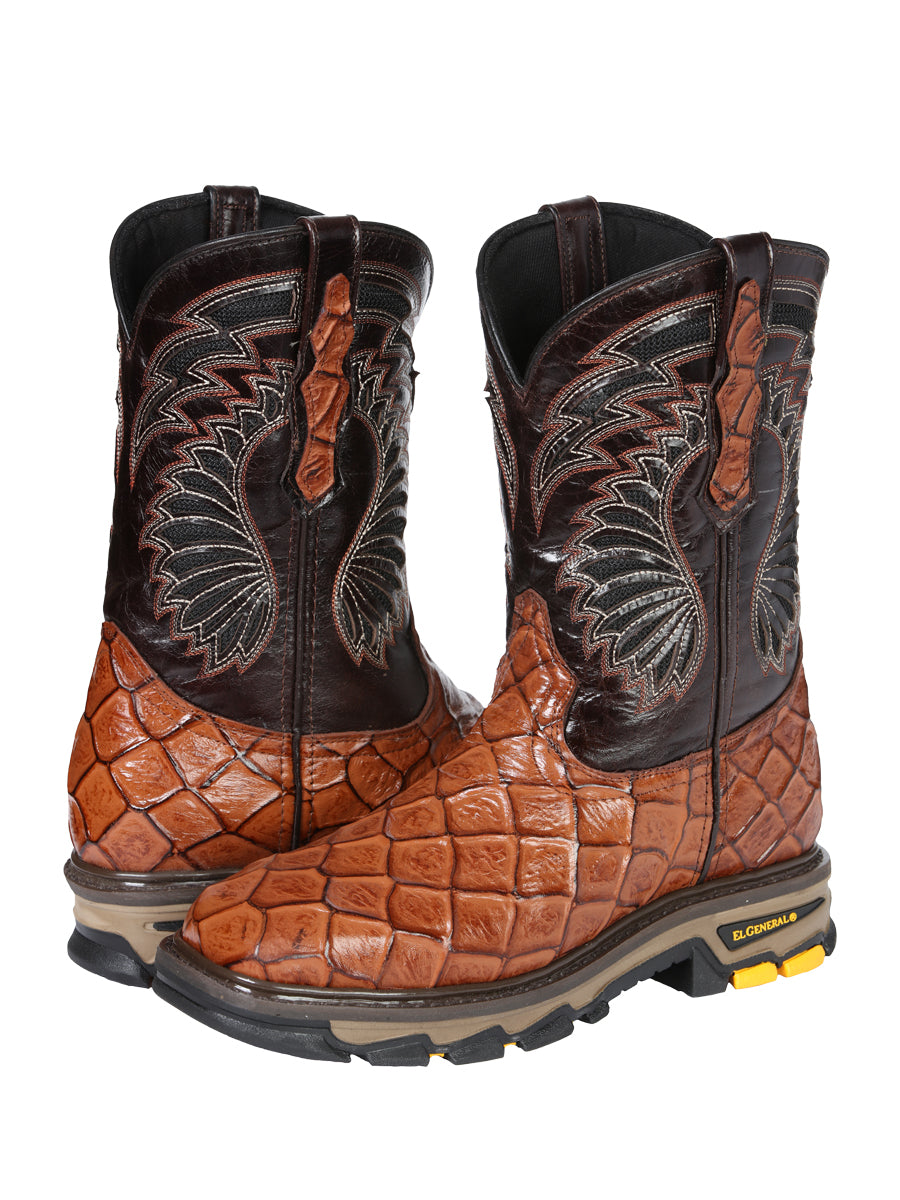 El General Men's Leather Work Boots - Made In Mexico - Embossed Monster Fish Print - Cognac 45808 — view 3