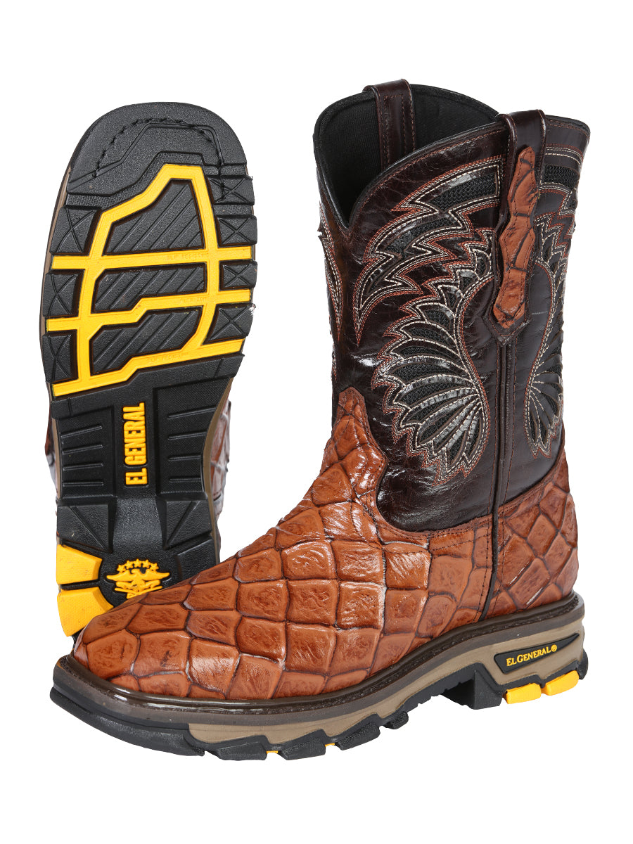 El General Men's Leather Work Boots - Made In Mexico - Embossed Monster Fish Print - Cognac 45808 — view 4