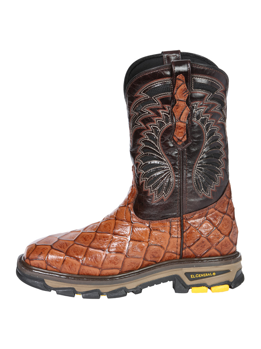 El General Men's Leather Work Boots - Made In Mexico - Embossed Monster Fish Print - Cognac 45808 — view 5
