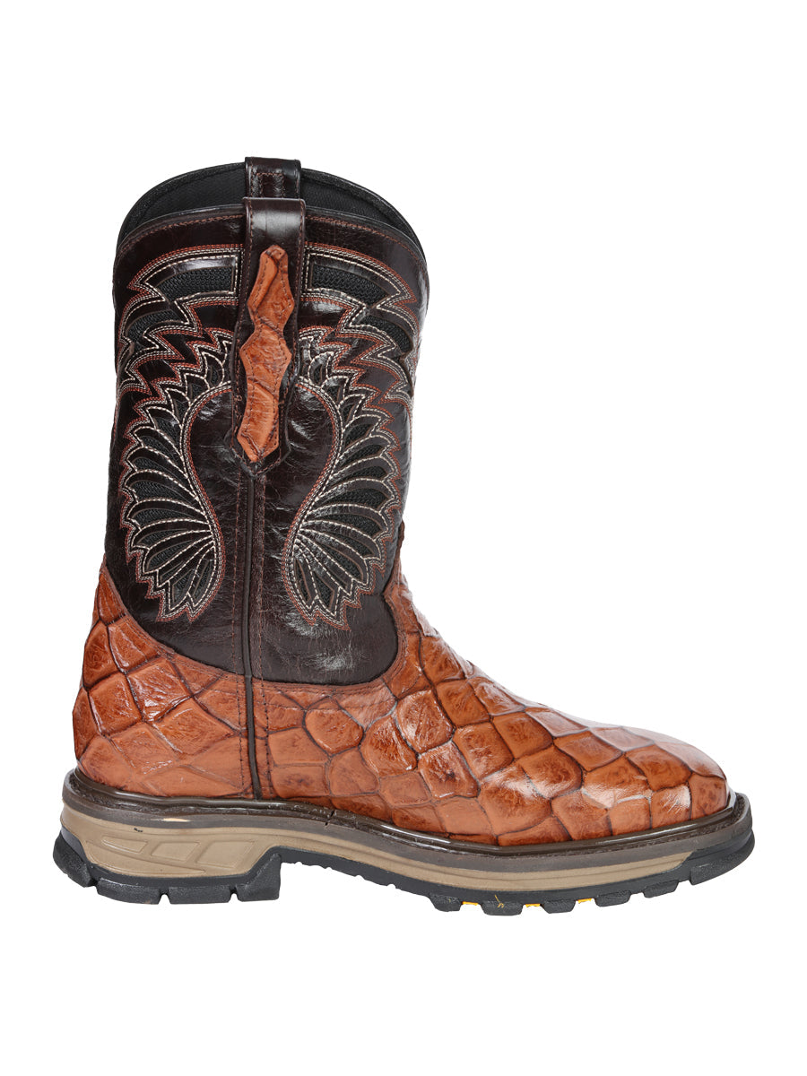 El General Men's Leather Work Boots - Made In Mexico - Embossed Monster Fish Print - Cognac 45808 — view 6