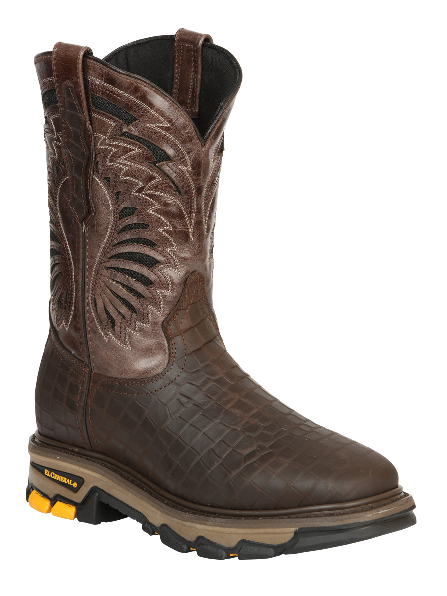 El General Men's Leather Work Boots - Made In Mexico - Embossed Caiman Print - Choco 45809 — view 2