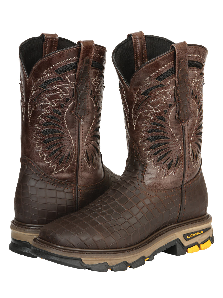 El General Men's Leather Work Boots - Made In Mexico - Embossed Caiman Print - Choco 45809 — view 3