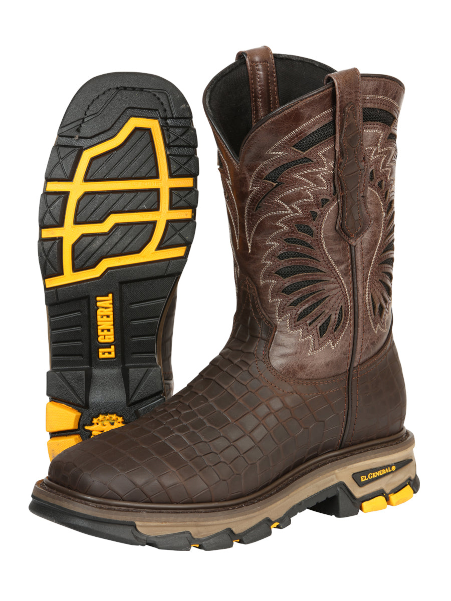 El General Men's Leather Work Boots - Made In Mexico - Embossed Caiman Print - Choco 45809 — view 4
