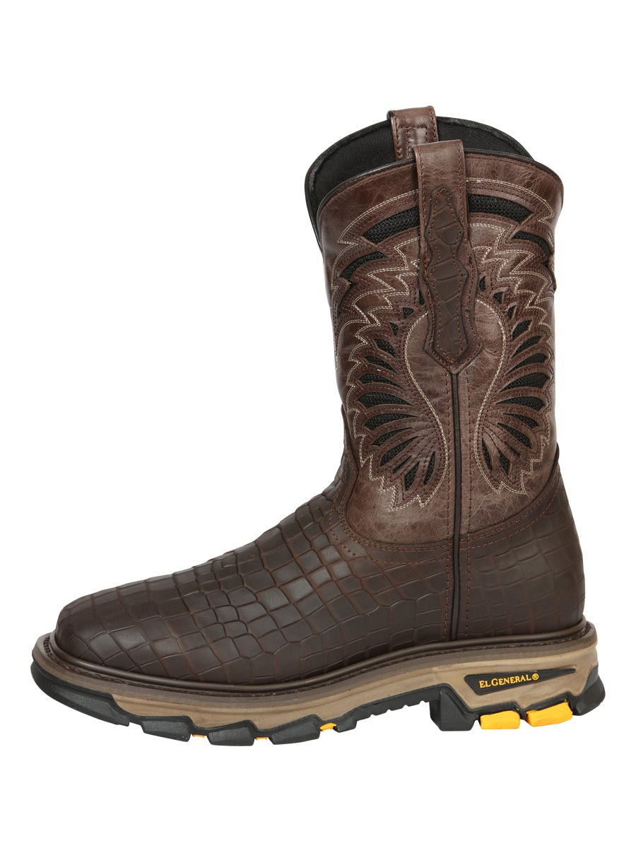 El General Men's Leather Work Boots - Made In Mexico - Embossed Caiman Print - Choco 45809 — view 5