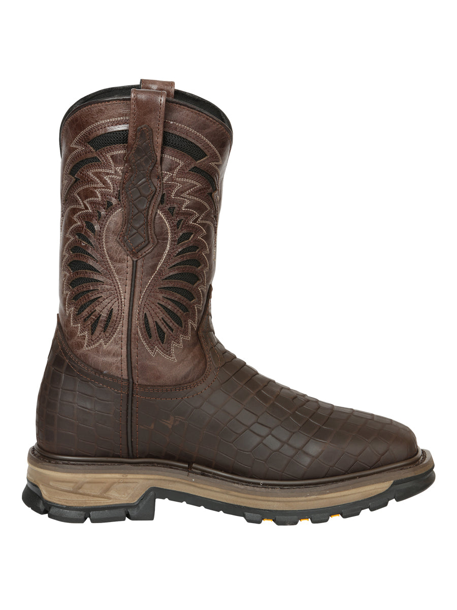 El General Men's Leather Work Boots - Made In Mexico - Embossed Caiman Print - Choco 45809 — view 6