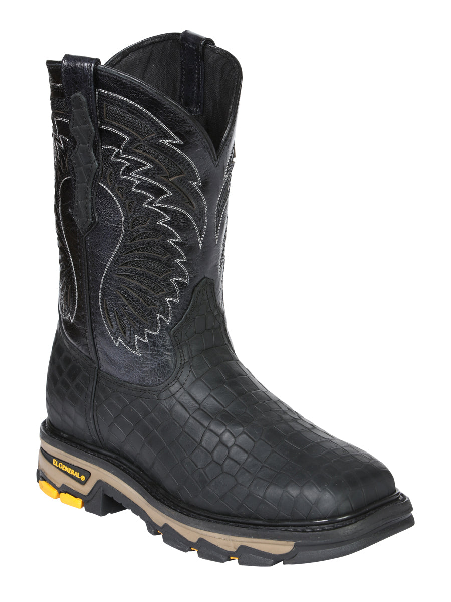 El General Men's Leather Work Boots - Made In Mexico - Embossed Caiman Print - Black 45810 — view 2