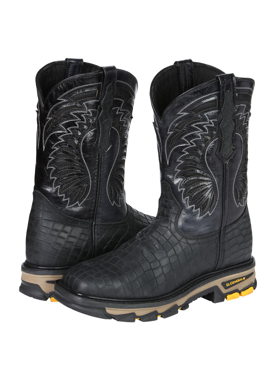 El General Men's Leather Work Boots - Made In Mexico - Embossed Caiman Print - Black 45810 — view 3