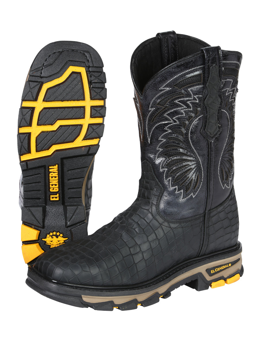 El General Men's Leather Work Boots - Made In Mexico - Embossed Caiman Print - Black 45810 — view 4
