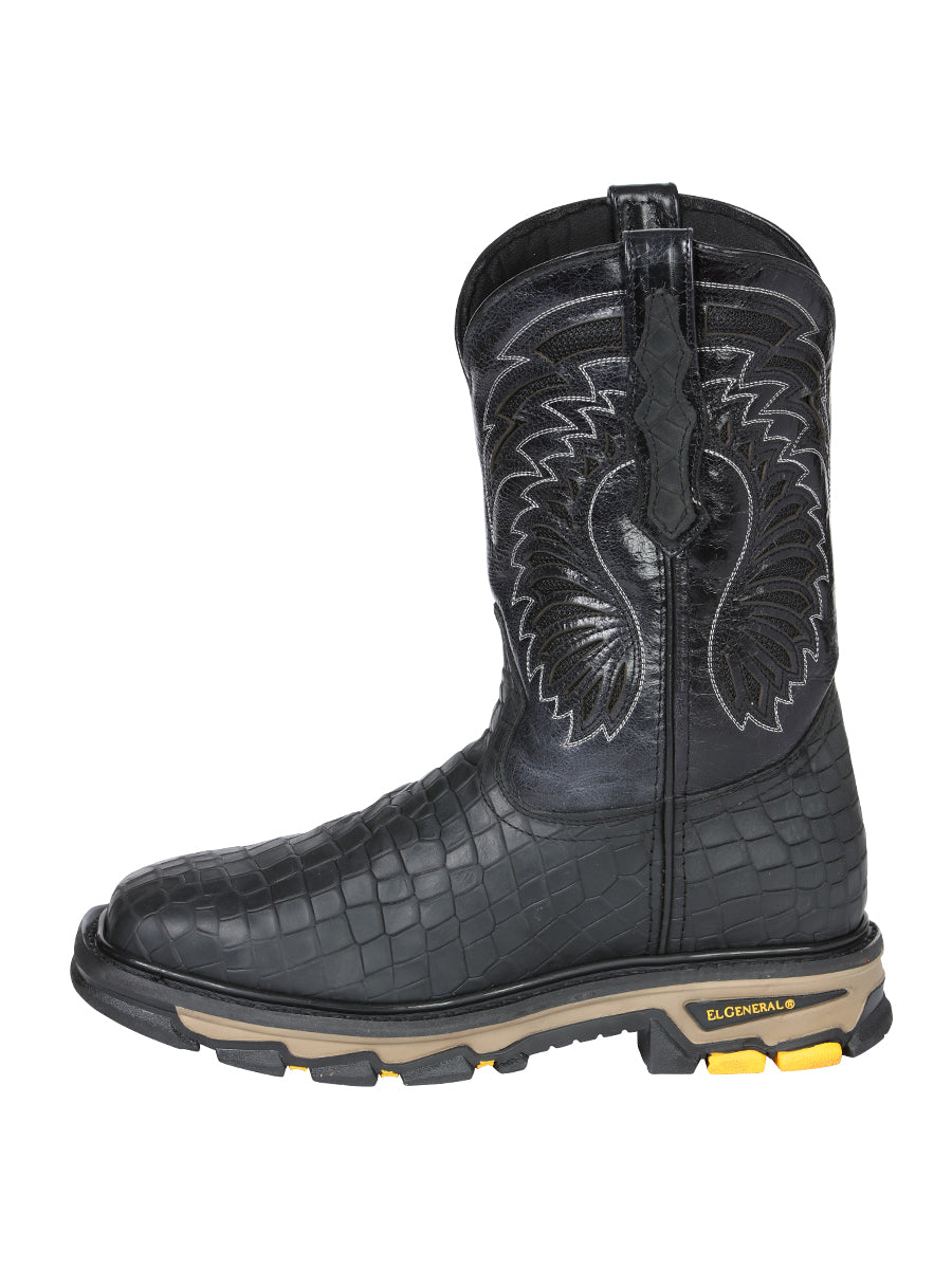 El General Men's Leather Work Boots - Made In Mexico - Embossed Caiman Print - Black 45810 — view 5