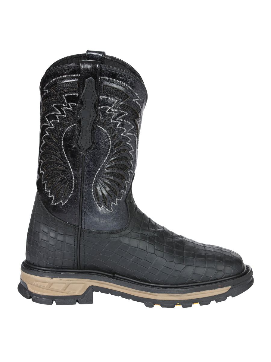 El General Men's Leather Work Boots - Made In Mexico - Embossed Caiman Print - Black 45810 — view 6