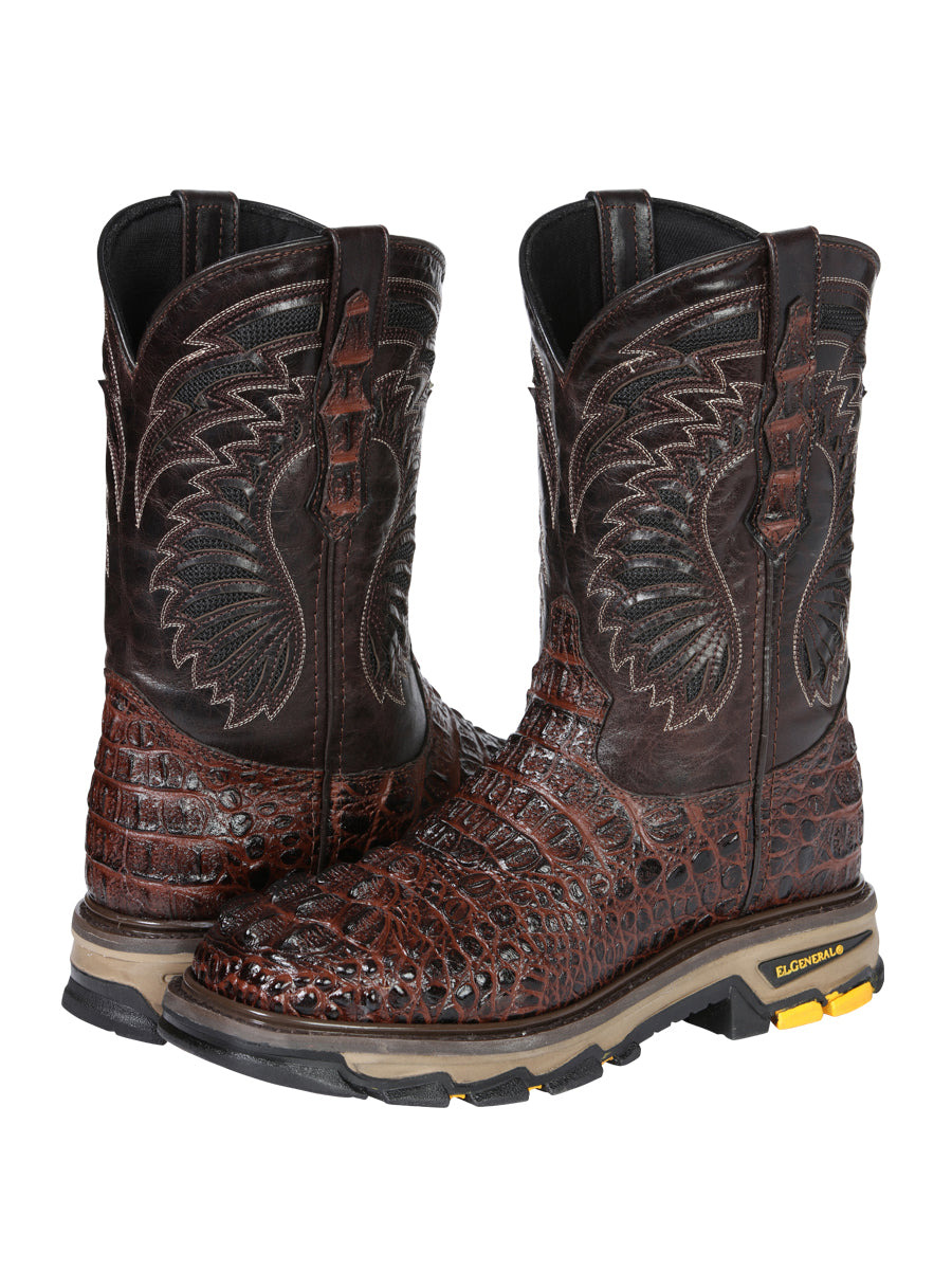 El General Men's Leather Work Boots - Made In Mexico - Embossed Caiman Print - Brown 45813 — view 3