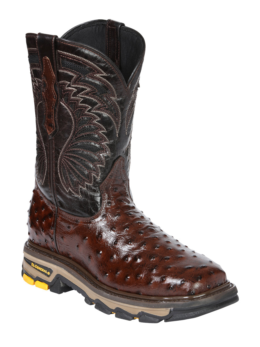 El General Men's Leather Work Boots - Made In Mexico - Embossed Ostrich Print - Brown 45814 — view 2