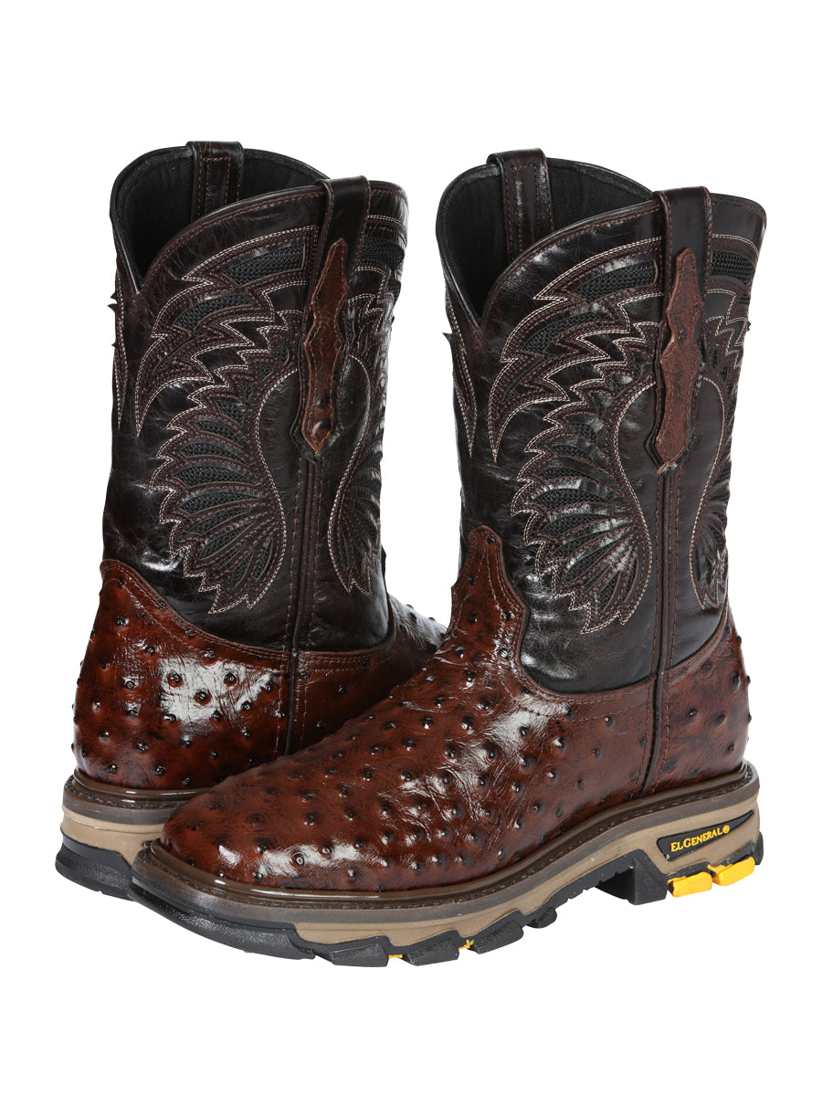 El General Men's Leather Work Boots - Made In Mexico - Embossed Ostrich Print - Brown 45814 — view 3