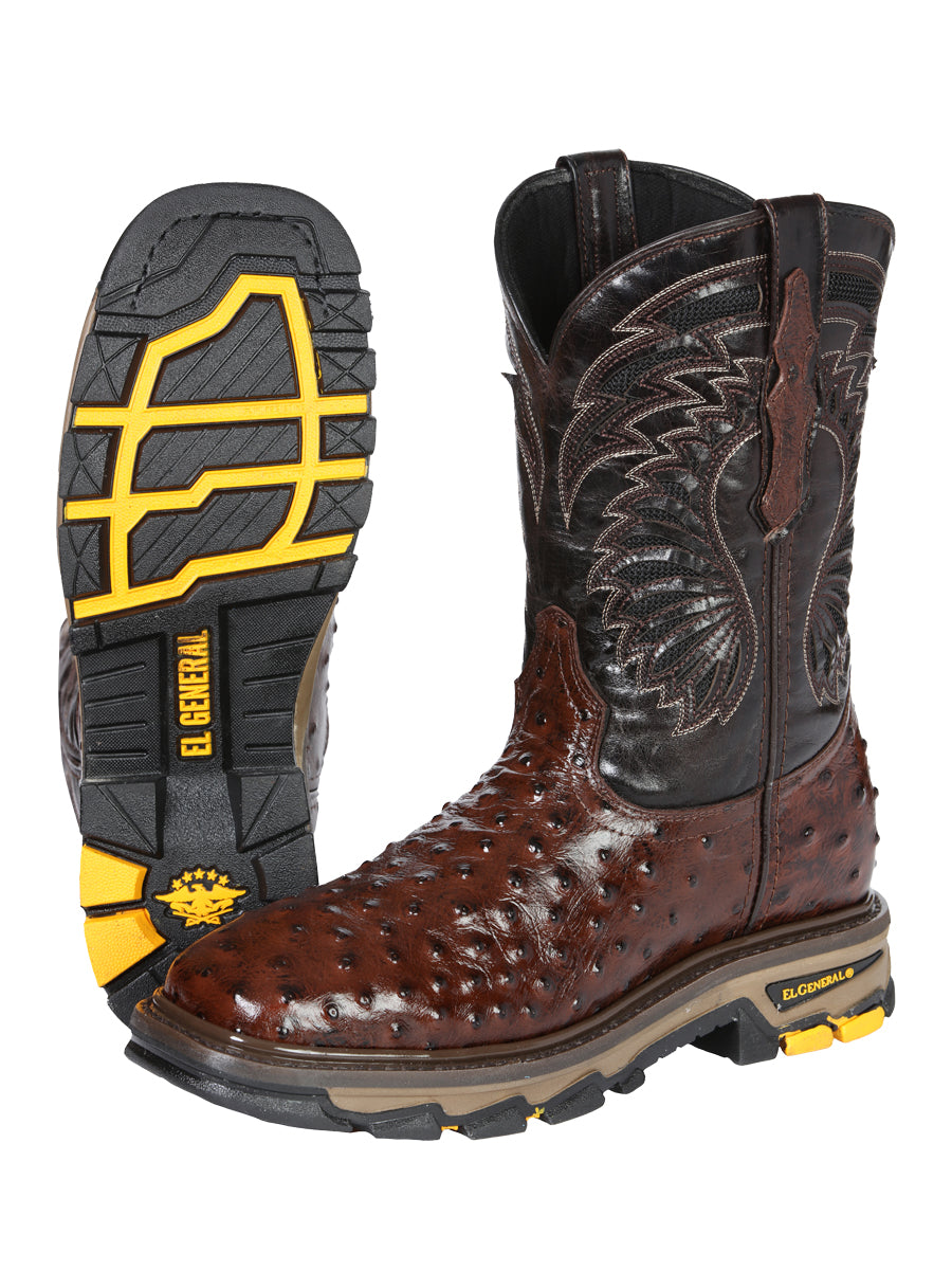 El General Men's Leather Work Boots - Made In Mexico - Embossed Ostrich Print - Brown 45814 — view 4