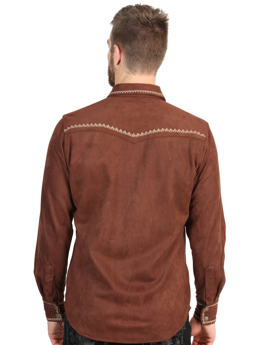 El General Men’s Suede Embroidered Snap Button Western Shirt - Brown 45884 — view 3