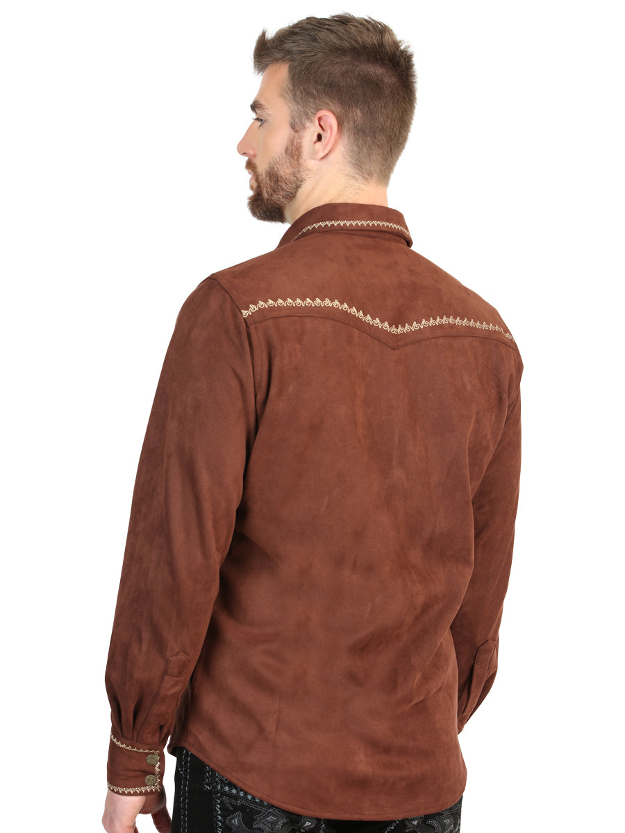 El General Men’s Suede Embroidered Snap Button Western Shirt - Brown 45884 — view 4