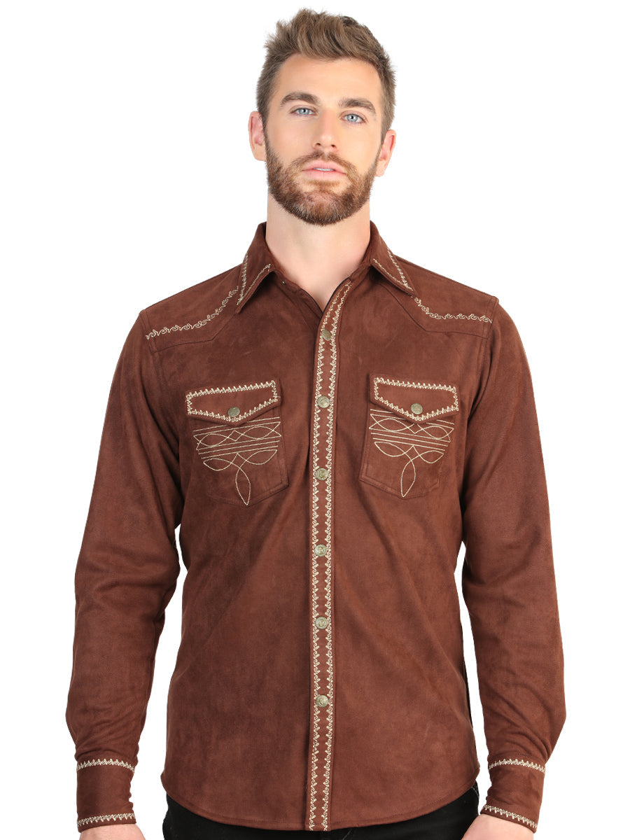 El General Men’s Suede Embroidered Snap Button Western Shirt - Brown 45884 — view 2