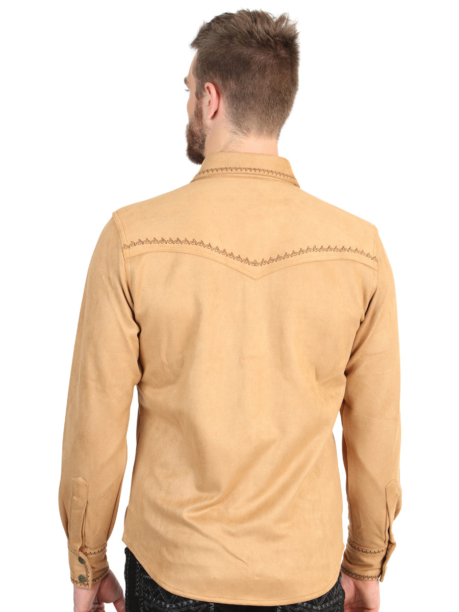 El General Men’s Suede Embroidered Snap Button Western Shirt - Khaki 45885 — view 3
