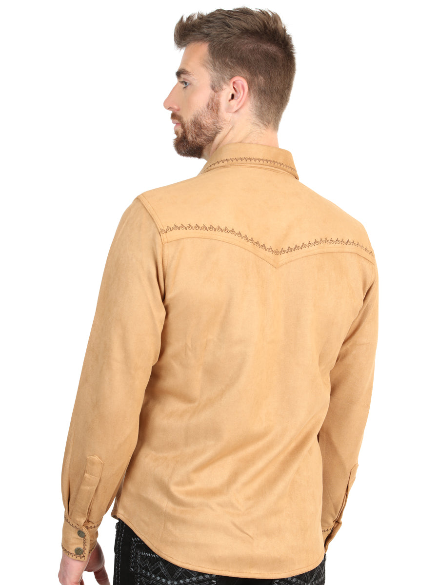 El General Men’s Suede Embroidered Snap Button Western Shirt - Khaki 45885 — view 4