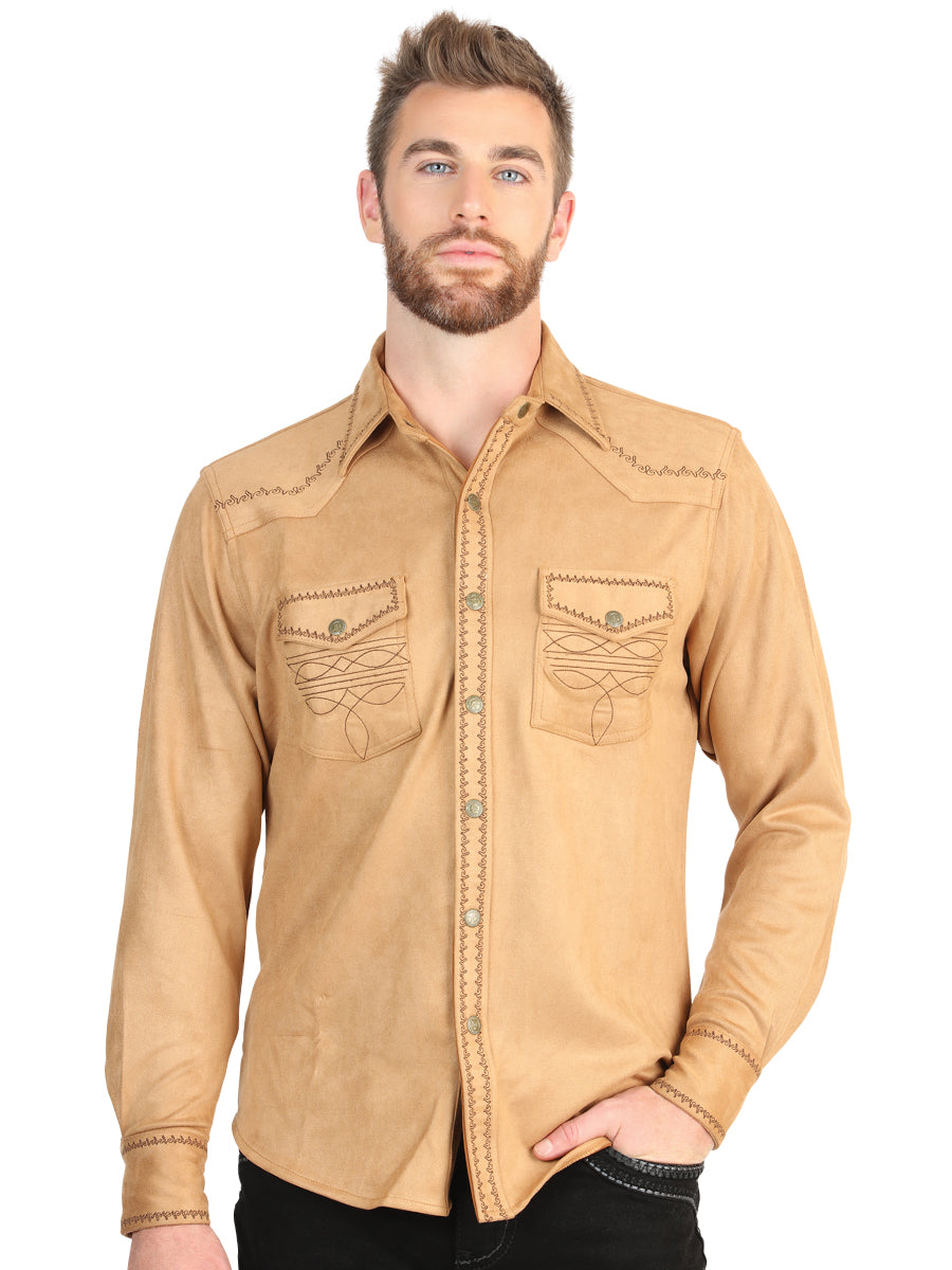 El General Men’s Suede Embroidered Snap Button Western Shirt - Khaki 45885 — view 2