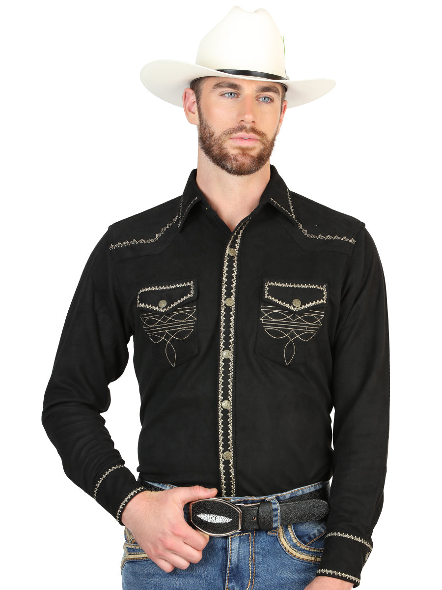 El General Men’s Suede Embroidered Snap Button Western Shirt - Black 45886