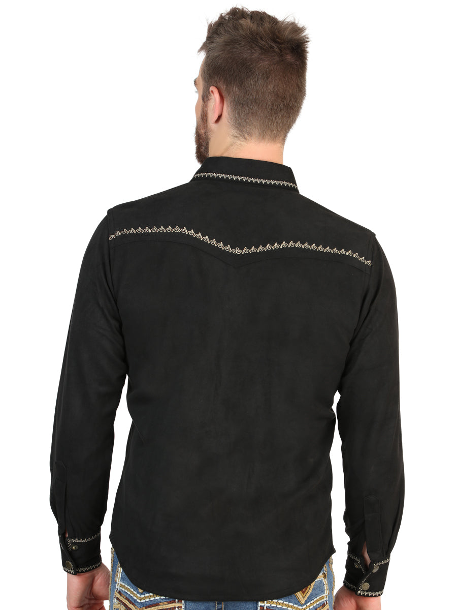 El General Men’s Suede Embroidered Snap Button Western Shirt - Black 45886 — view 3