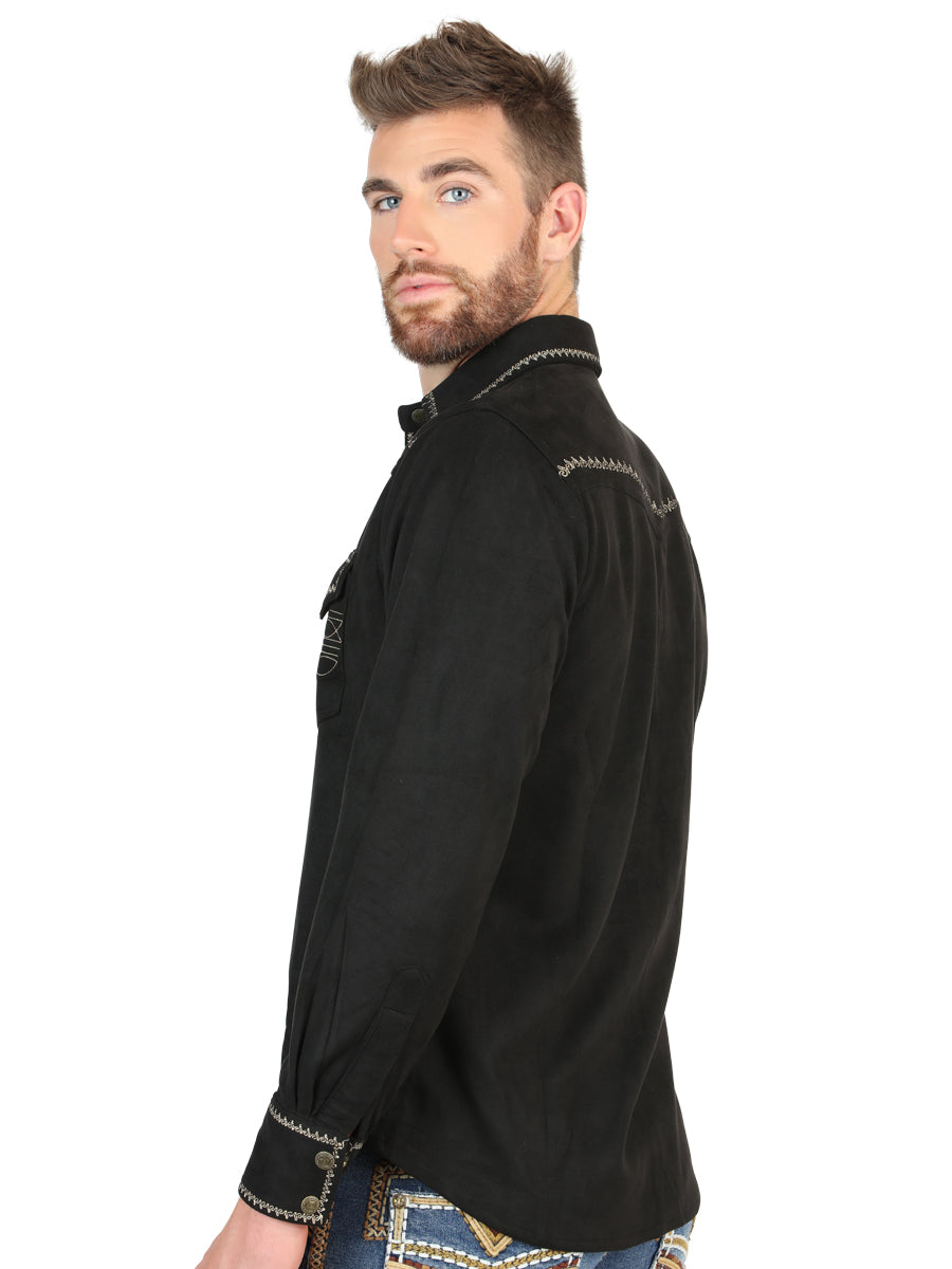 El General Men’s Suede Embroidered Snap Button Western Shirt - Black 45886 — view 4