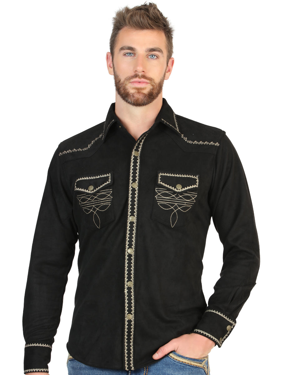 El General Men’s Suede Embroidered Snap Button Western Shirt - Black 45886 — view 2