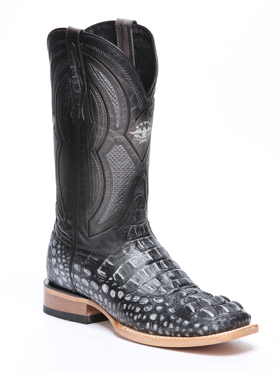 El General Men’s Leather Cowboy Boot - Made in Mexico - Embossed Alligator Crocodile Print - Grey/Black 45928 — view 2