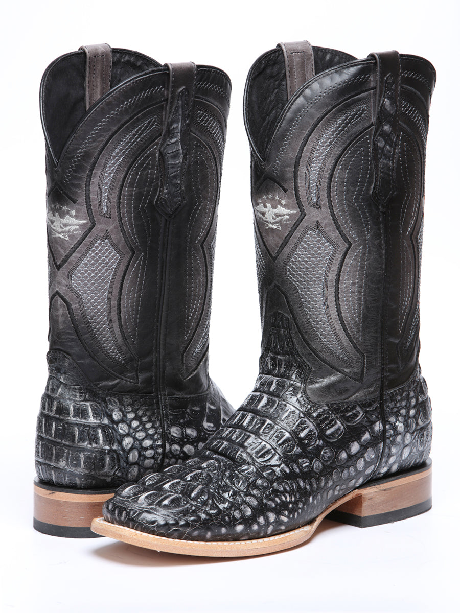 El General Men’s Leather Cowboy Boot - Made in Mexico - Embossed Alligator Crocodile Print - Grey/Black 45928 — view 3