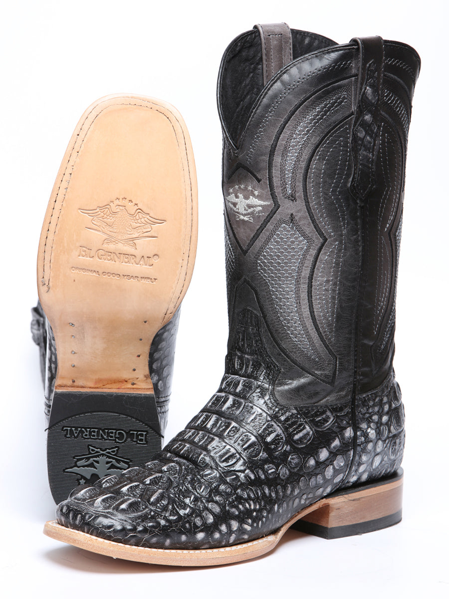El General Men’s Leather Cowboy Boot - Made in Mexico - Embossed Alligator Crocodile Print - Grey/Black 45928 — view 4