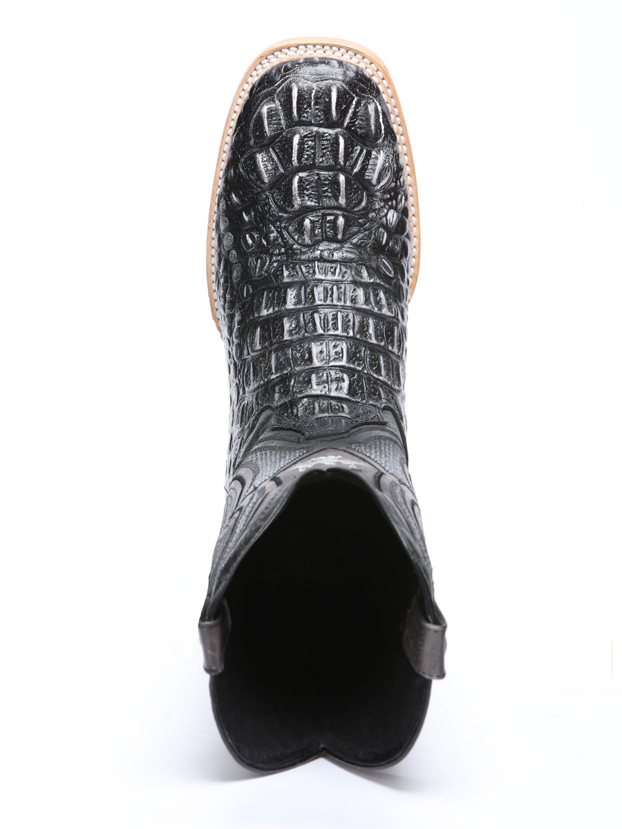El General Men’s Leather Cowboy Boot - Made in Mexico - Embossed Alligator Crocodile Print - Grey/Black 45928 — view 9