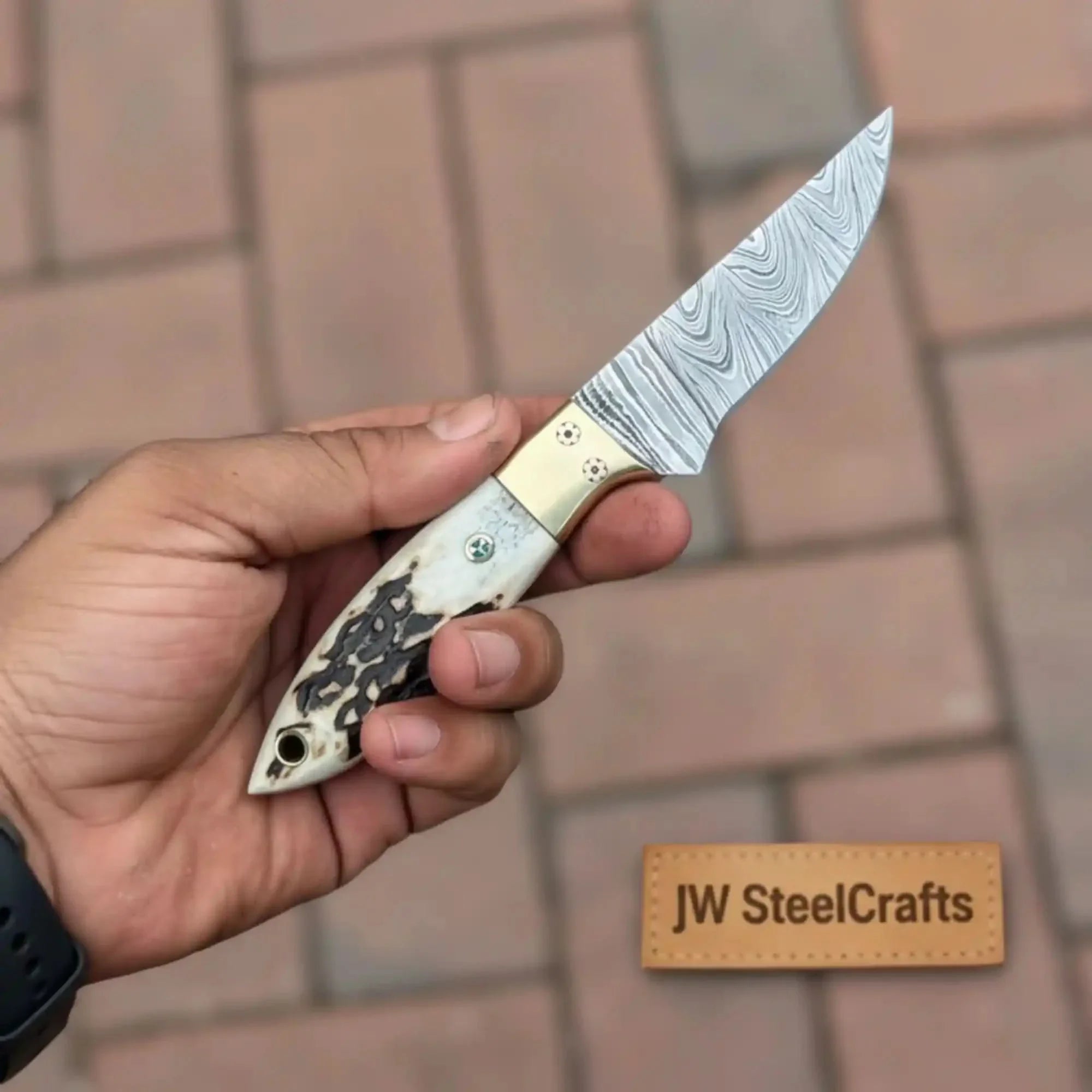 Handmade Damascus Drop Point EDC Knife Fixed Blade Stag Handle Brass Bolster