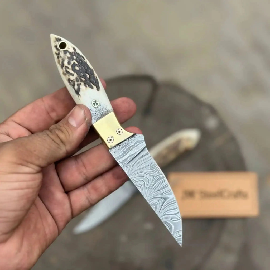 Handmade Damascus Drop Point EDC Knife Fixed Blade Stag Handle Brass Bolster