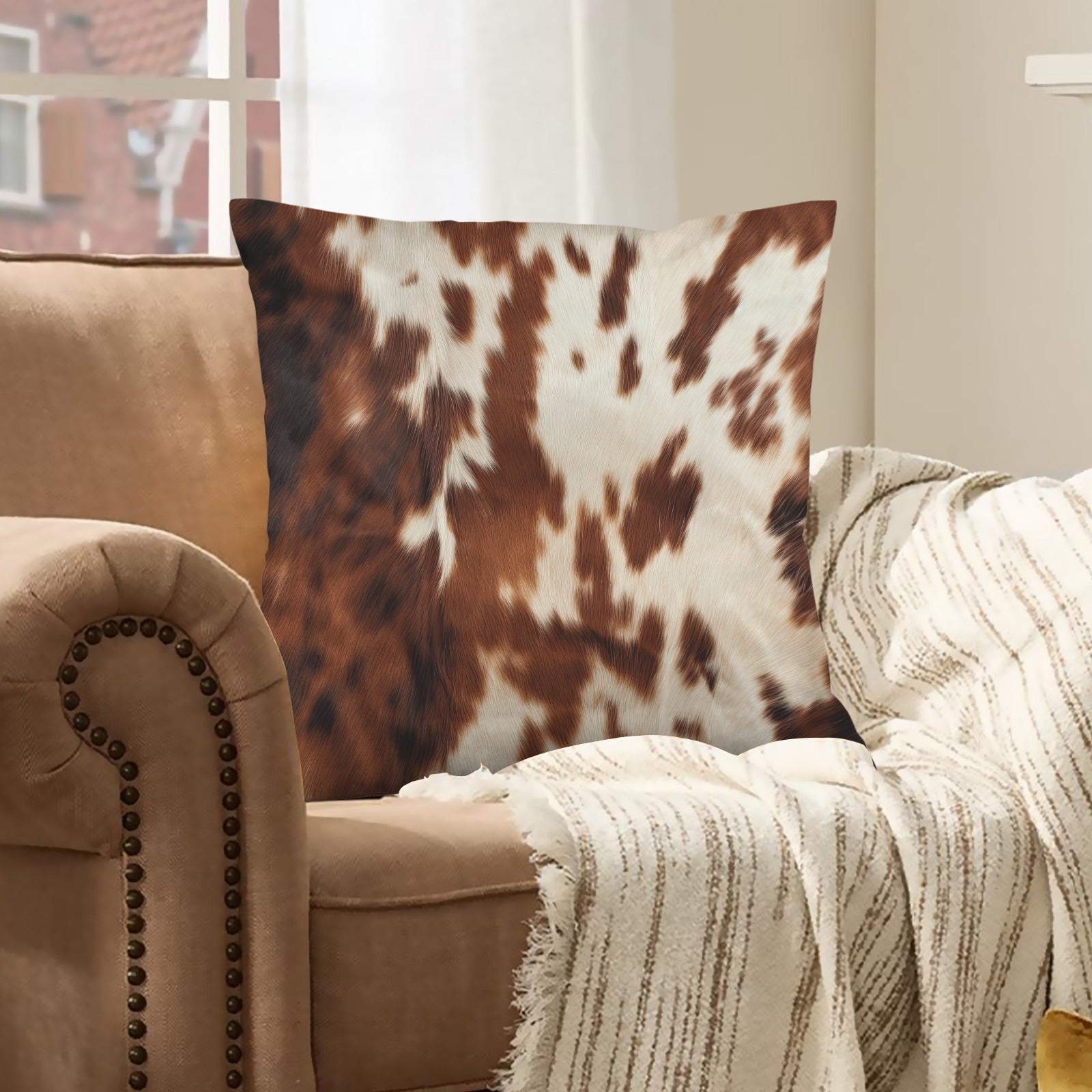 Baha Ranch Brown Cow Hide Print Velvety Soft Throw Pillow Case Made in America by Baha Ranch Western Wear
