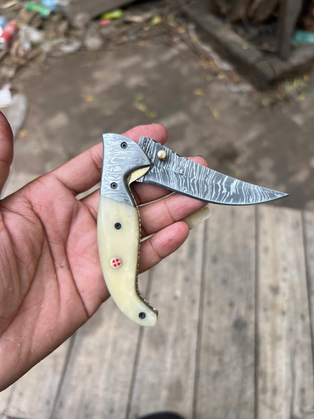 Frontrunner Camel Bone folding knife with Leather Sheath