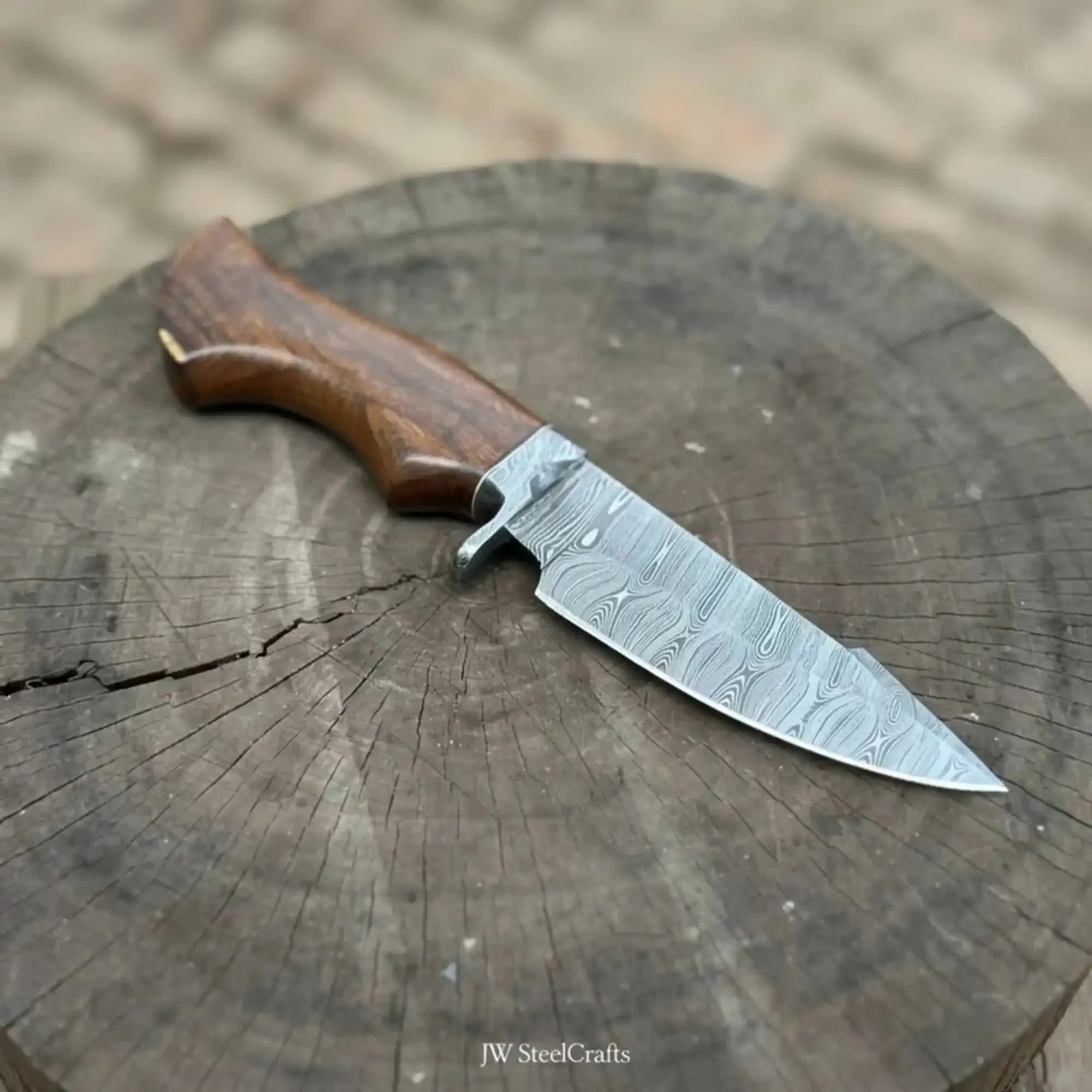 Handmade Damascus Drop Point Hunting Knife with Rose Wood Handle