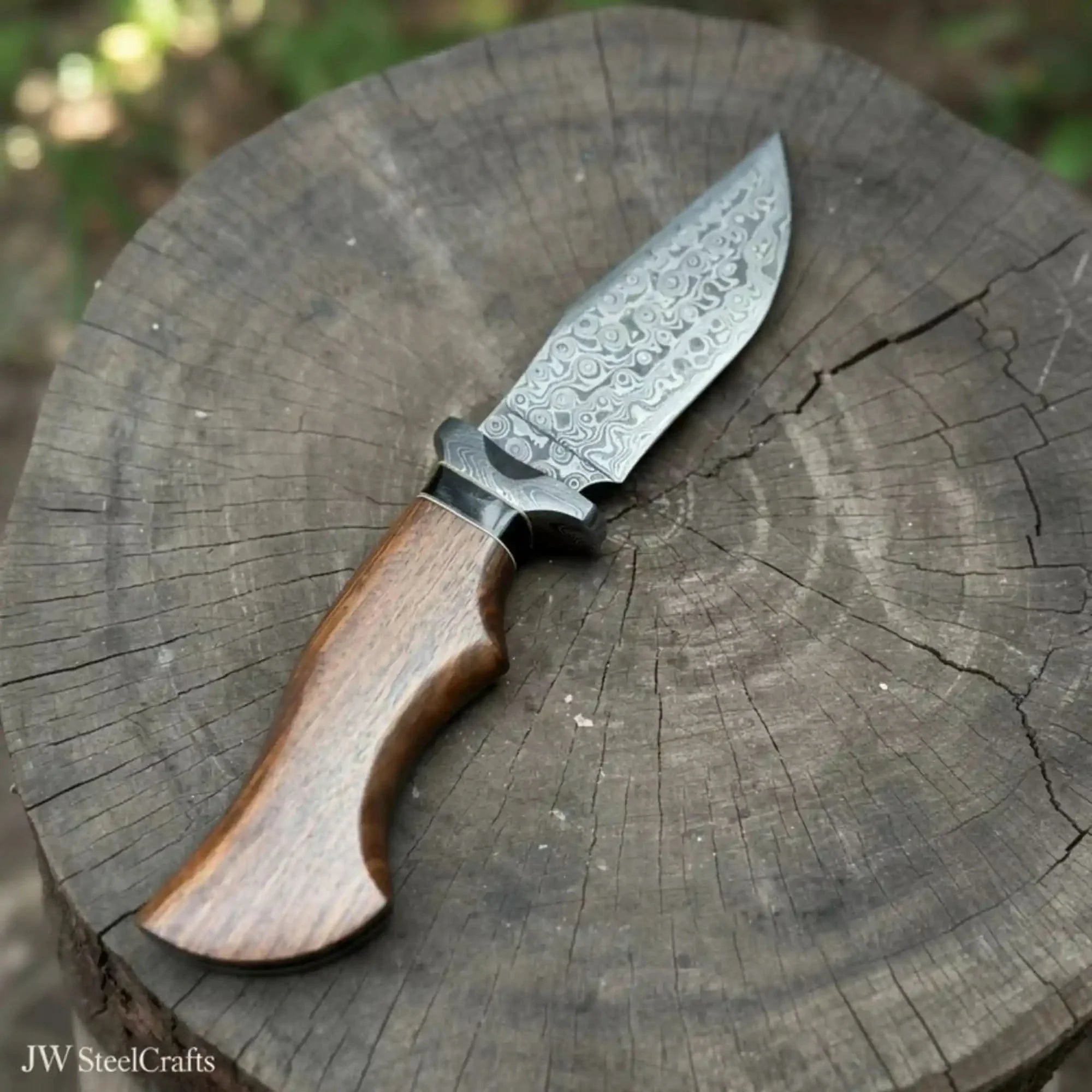 Handmade Damascus Drop Point Hunting Knife with Rose Wood Handle