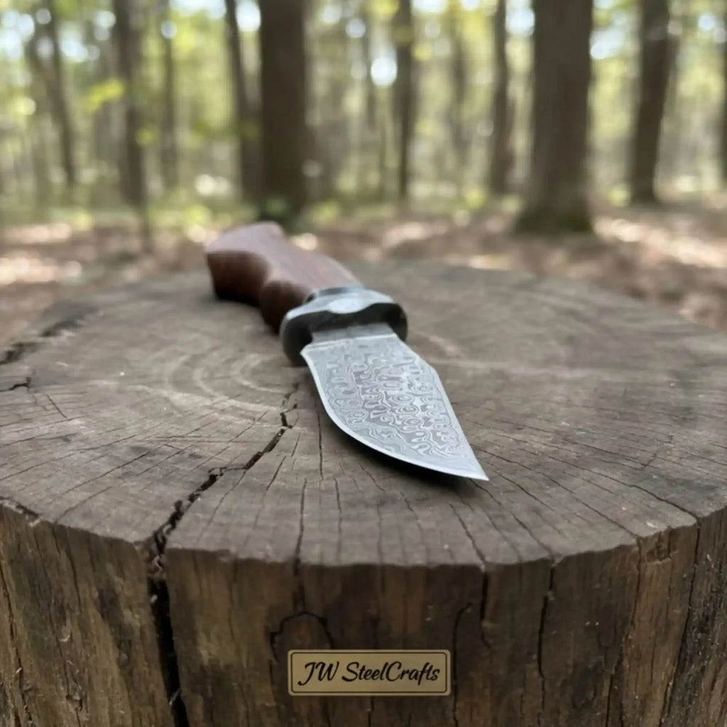 Handmade Damascus Drop Point Hunting Knife with Rose Wood Handle